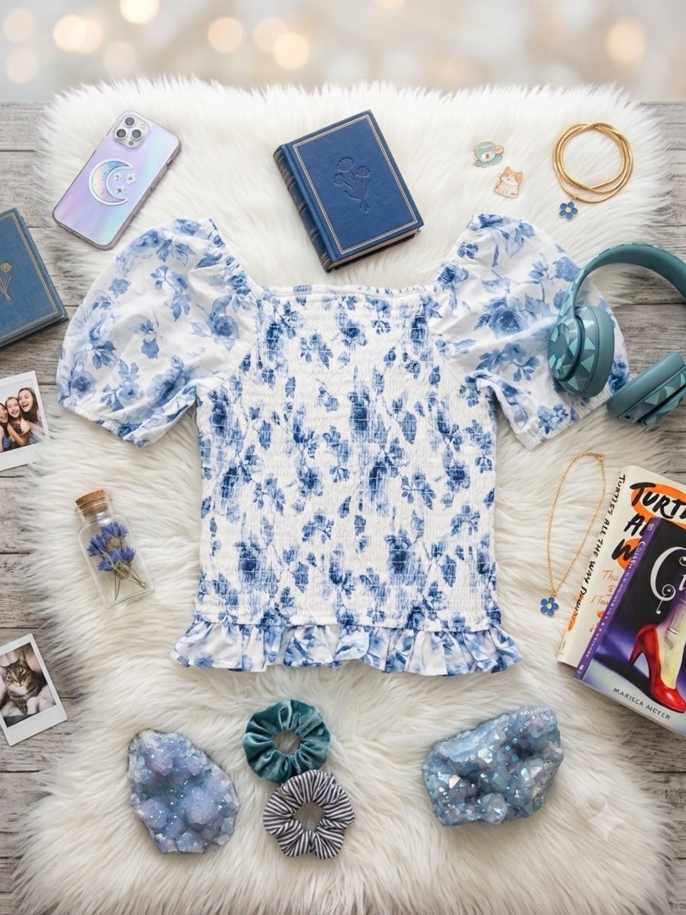 art class Blue Floral Smocked Puff-Sleeve Top